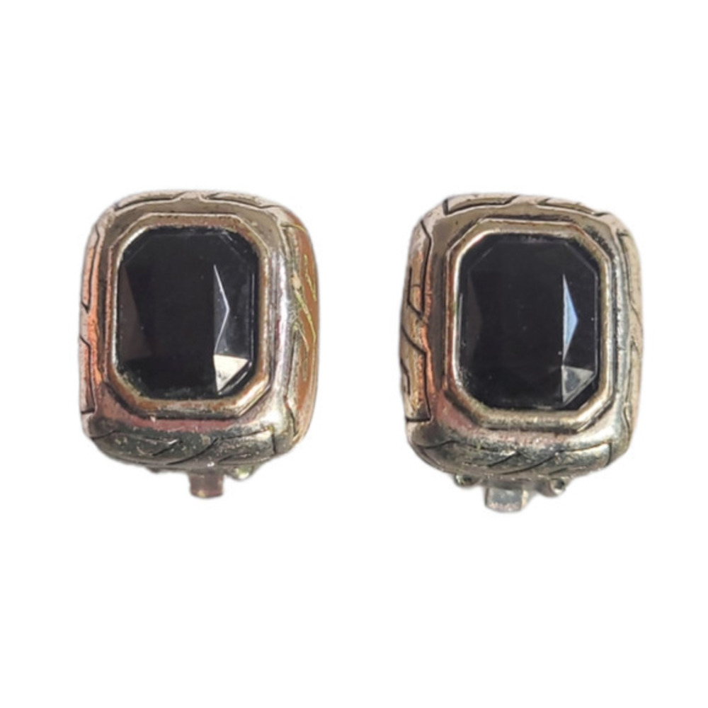 Vintage Square Silver Tone Faux Onyx Stone Cabochon Clip On Earrings‎